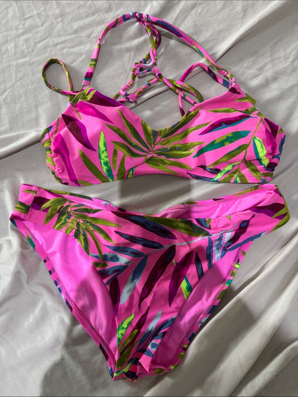 Xhilaration Hot Pink Tropical Leaf Bikini Set